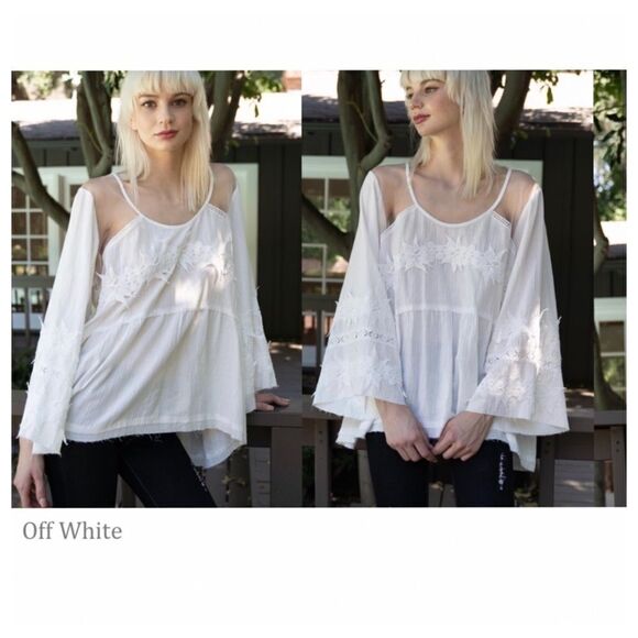 🌸COTTON Top w/ Bell Sleeves & Floral Embellishment - Picture 7 of 12